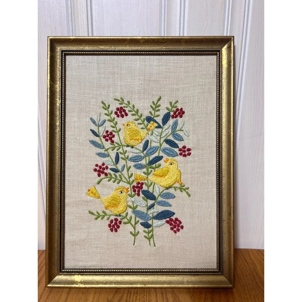 Vintage Hand Embroidered Bird Wall Art Pair Framed Folk Art Cottagecore Grandma